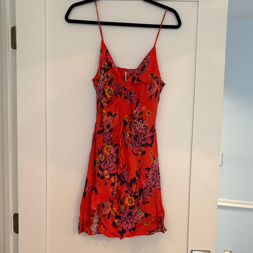 Free People Red Floral Mini Slip Dress with Pink & Yellow Accents